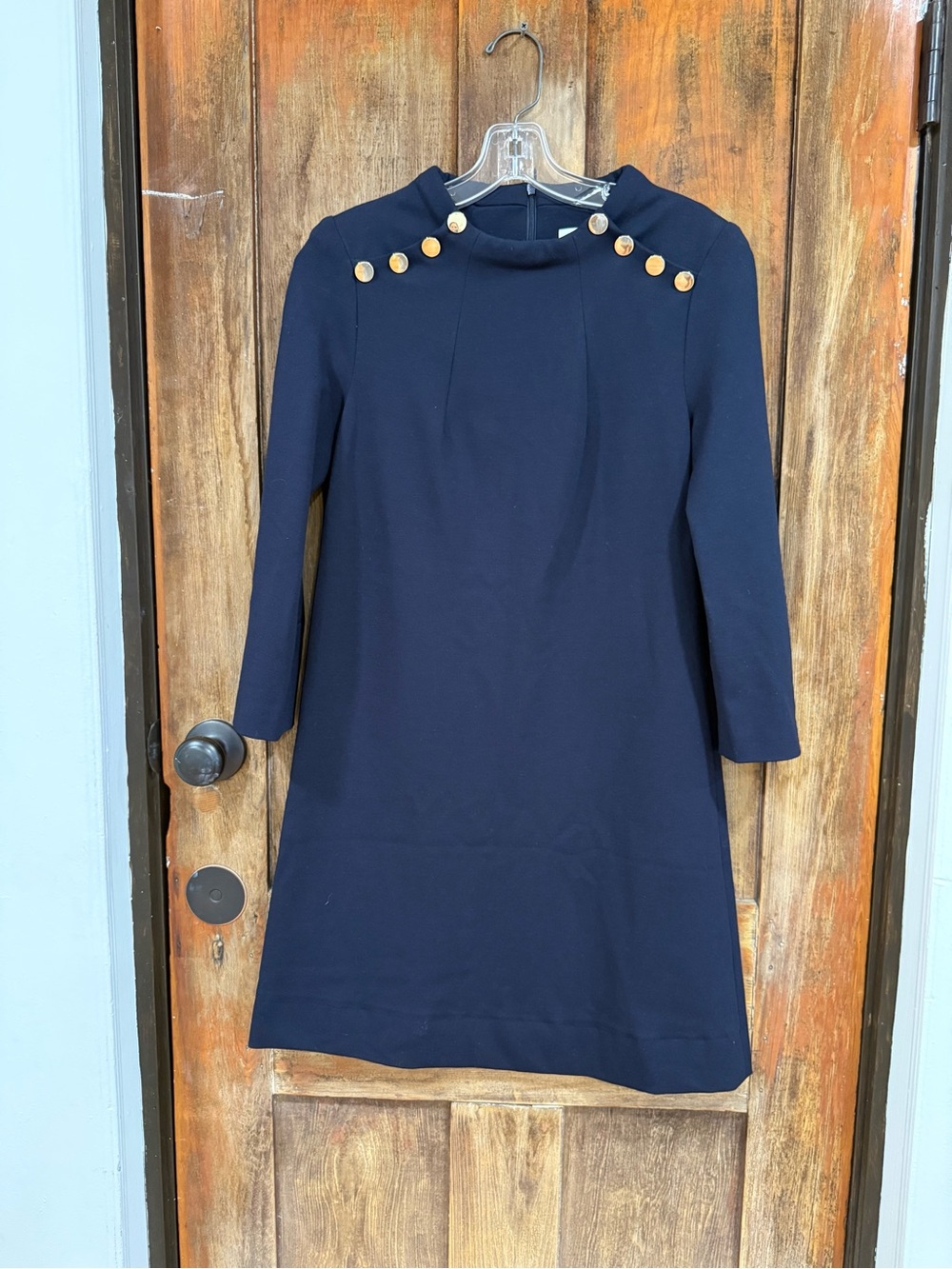 Navy Midi Dress with Gold Button Shoulder Detail